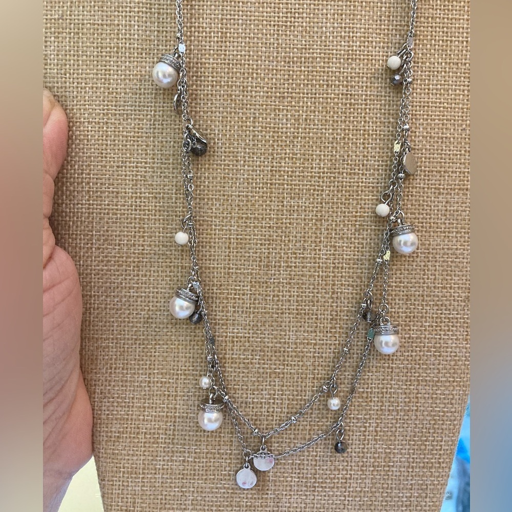 Talbots Silver Layered Necklace with White Pearl Drops